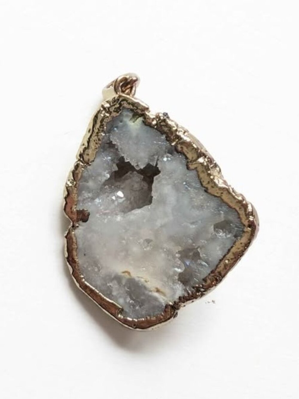 Raw White Quartz Geode Slice Pendant – Gold Electroplated Statement Pendant